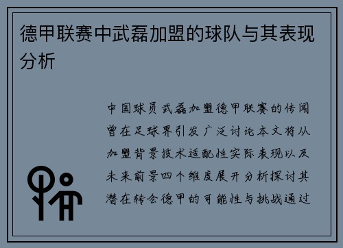 德甲联赛中武磊加盟的球队与其表现分析